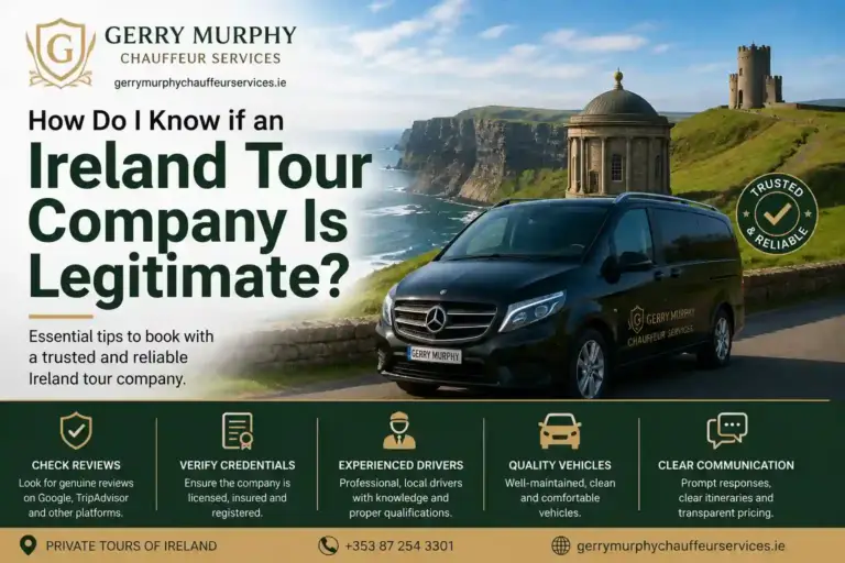 Luxury chauffeur vehicle from Gerry Murphy Chauffeur Services at the Cliffs of Moher, illustrating how to identify a legitimate Ireland tour company.