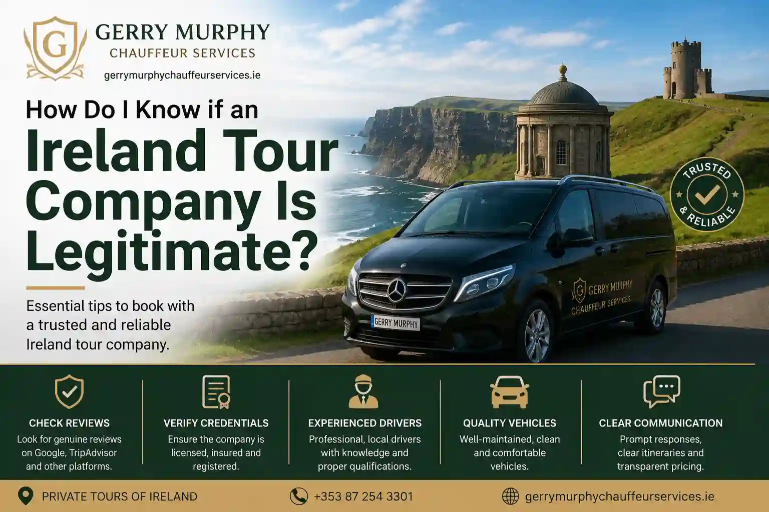 Luxury chauffeur vehicle from Gerry Murphy Chauffeur Services at the Cliffs of Moher, illustrating how to identify a legitimate Ireland tour company.
