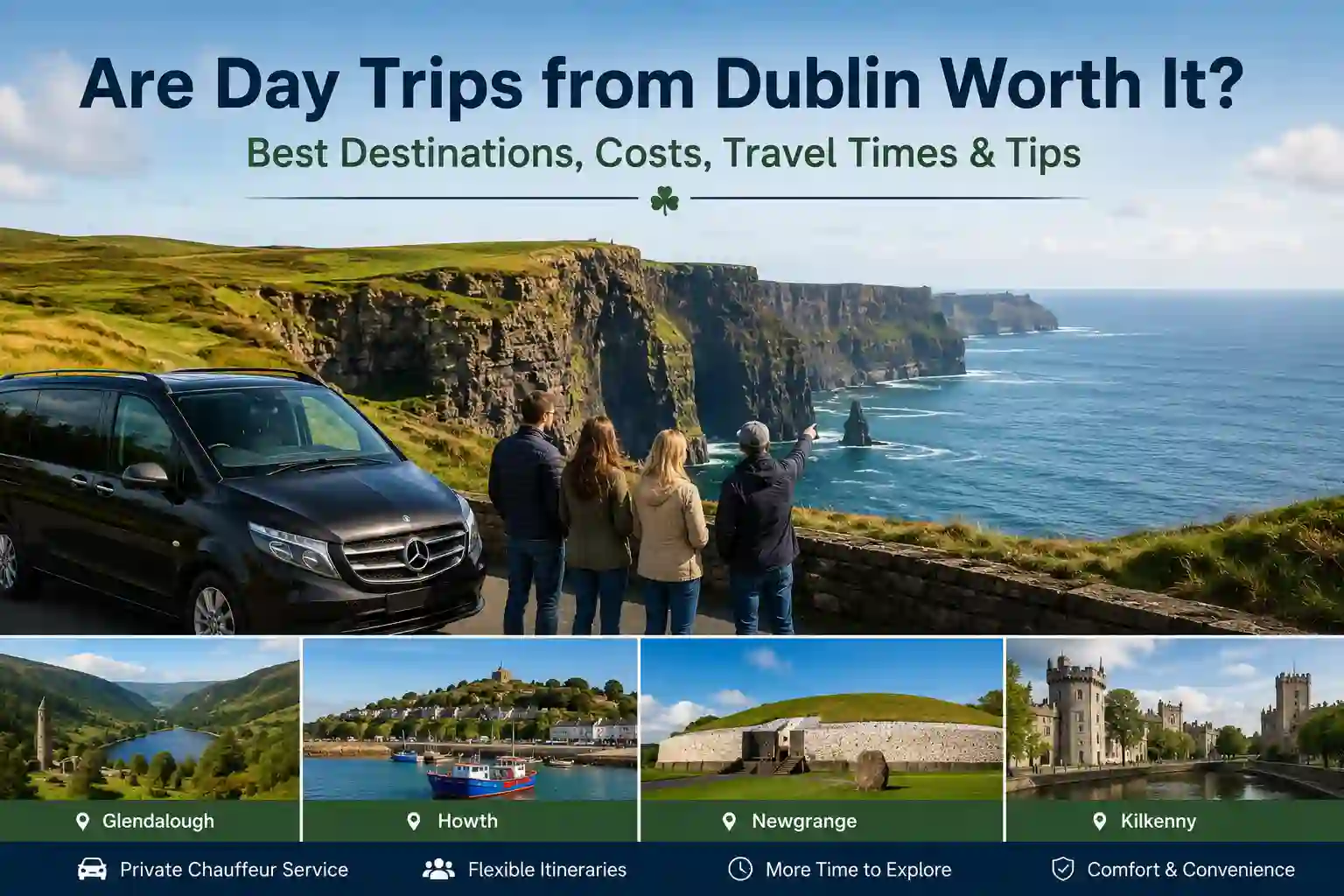 A bright Ireland travel banner featuring Dublin day trips, coastal scenery, and private chauffeur travel.