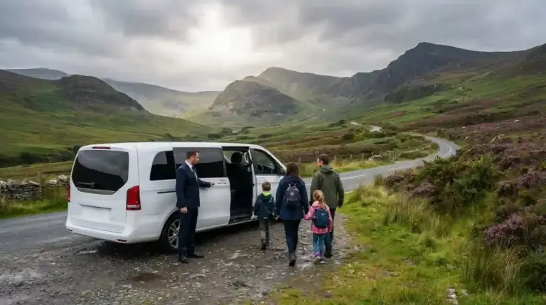 Driver-guide opening a white Mercedes van for a family on a private day tour from Dublin in the Wicklow Mountains