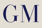 Large, bold, dark blue letters G and M are displayed on a light beige background in a serif font.