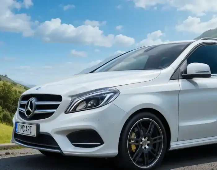 Mercedez benz white colour stand on the road for the private tours of ireland